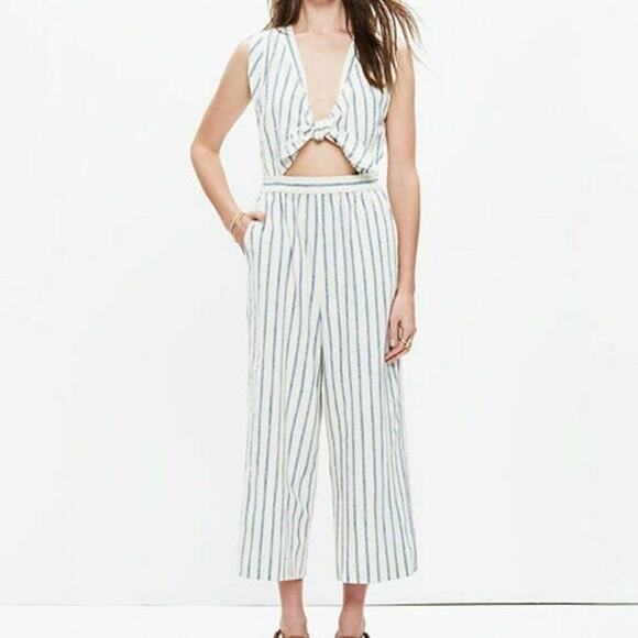 everly Tie-Front Culotte Jumpsuit in Ikat Stripe white blue sz small linen - Picture 1 of 12